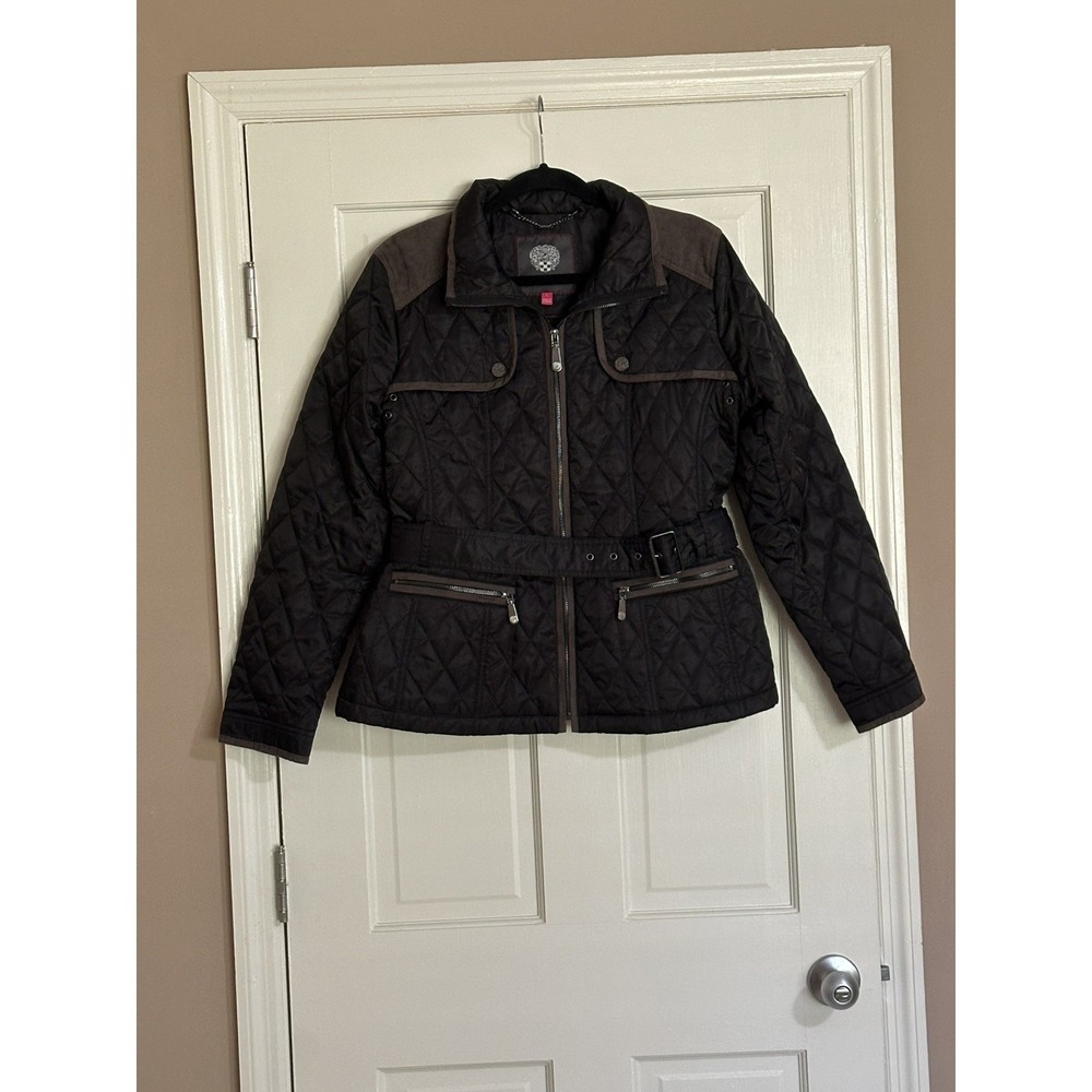 Vince Camuto Women's Diamond Quilted Equestrian Jacket Black With Grey Trim Sz L